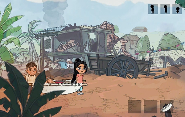 겜브릿지에서 출시한 '애프터데이즈'의 플레이 화면이다. 게임 이용자는 주인공 ‘아샤’가 돼 지진 이후의 네팔 마을을 복구한다. (사진 제공: 겜브릿지)