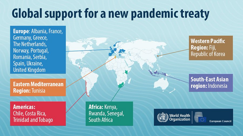 ▲ 새로운 팬데믹 조약 제정을 지지하는 국가들의 세계 지역별 분포 현황. 세계보건기구 회원국이 총 194개 국인 것을 감안하면 매우 적은 수의 국가가 새 팬데믹 조약 제정에 찬성을 표명하고 있다. (2022년 3월 기준) (출처: WHO and European Council)