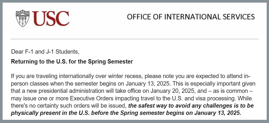 ▲김전영 씨가 USC로부터 조기 입국을 권고받은 이메일.